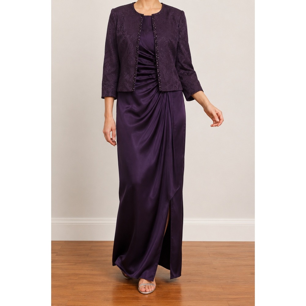 Tahari ASL 2 Piece Formal Satin Maxi Dress Jacket 12P Purple Ruched Bead Emboss